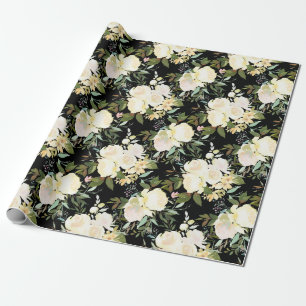Papel De Presente Lindas Rosas Brancas Aquarela em Preto