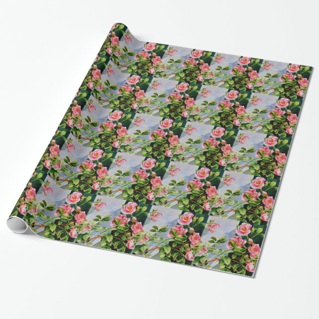Papel De Presente Lindas rosas brancas, cor-de-rosa, cor-de-água flo (Desenrolado)