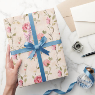 Papel De Presente Lindas Rosas Cor-de-Rosa e Creme Floral Chuveiro d