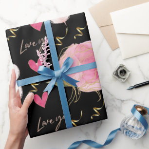 Papel De Presente Lindo Amor Moderno Você Corações Florais Preto