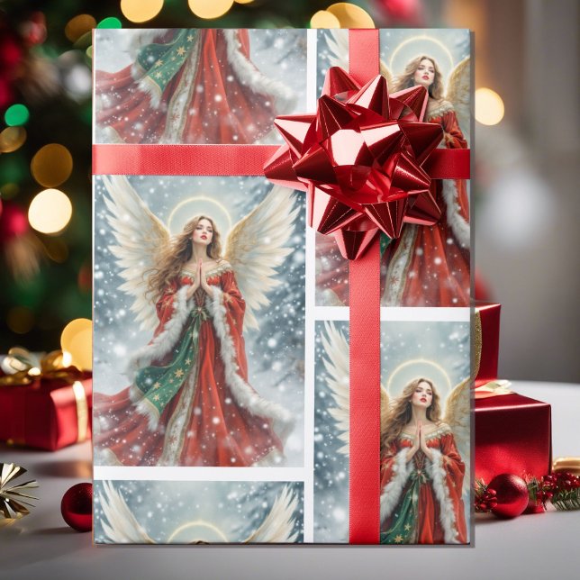 Papel De Presente Lindo Anjo de Natal Vermelho e Verde com Neve (Criador carregado)