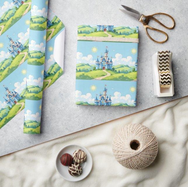 Papel De Presente Lindo castelo azul e branco (Artesanato)