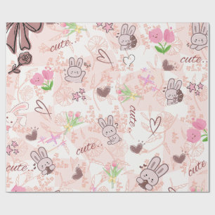 Papel De Presente Lindo Coelho Kawaii Japonês e Xadrez Gingham Rosa