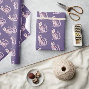 Papel De Presente Lindo Coração Roxo Rosa Floral Gato Aniversário