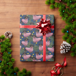 Papel De Presente Lindo Dachshund em Suéter Rosa com Azevinho Azul-M