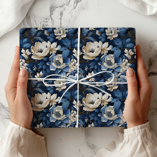 Papel De Presente Lindo Enfeite Floral de Marfim Azul