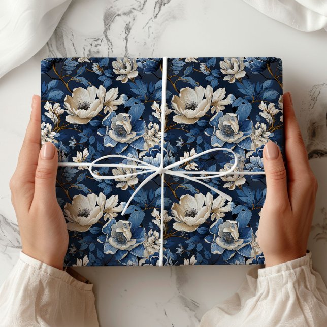 Papel De Presente Lindo Enfeite Floral de Marfim Azul (Beautiful Blue Ivory Floral Decorative Wrapping Paper)