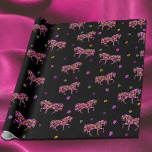 Papel De Presente Lindo Floral Brilhante de Cavalos e Flores para To