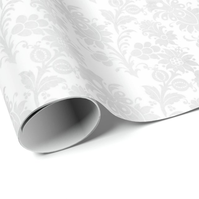 Papel De Presente Lindo Impresso Floral de Damasco Branco (Ponta do rolo)