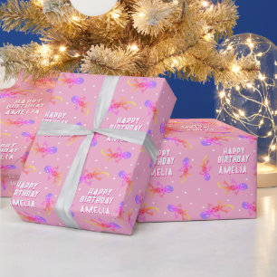 Papel De Presente Lindo Lagarto Rosa Gecko Criança Feliz Aniversário
