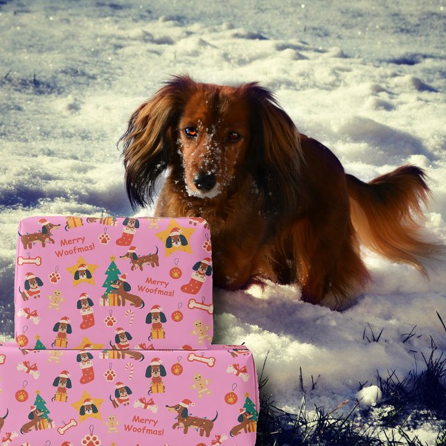 Papel De Presente Lindo Natal Rosa Dachshund Alegre Woofmas (Cute festive Dachshund wrapping paper in pink, perfect for Dachshund dog lovers and the pups too!)