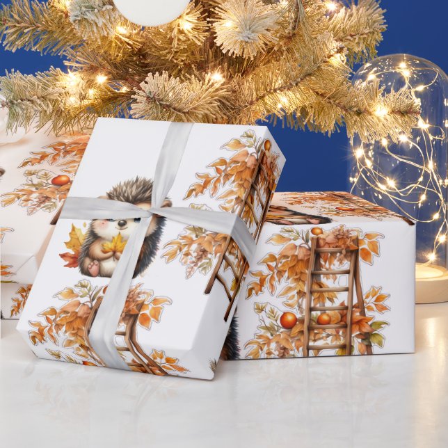 Papel De Presente Lindo ouriço de outono com ilustração de escada de (Feriados)