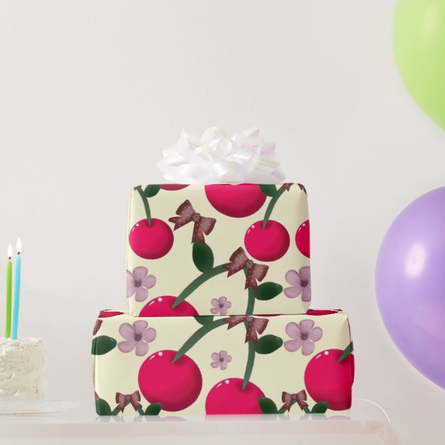 Papel De Presente Lindo padrão de cereja vermelha (Presentes para festas)