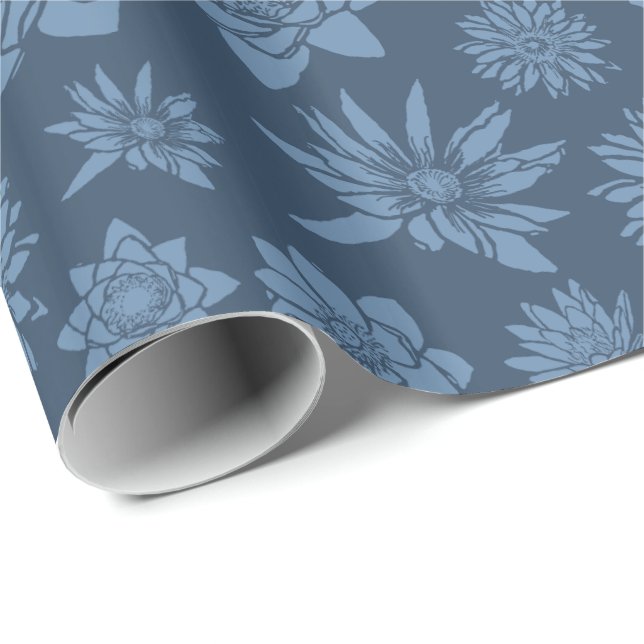 Papel De Presente Lindo Padrão Floral Azul Escuro (Ponta do rolo)