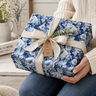 Papel De Presente Lindo Padrão Floral Azul Índigo Elegante