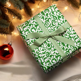 Papel De Presente Lindo padrão floral Damask verde escuro branco