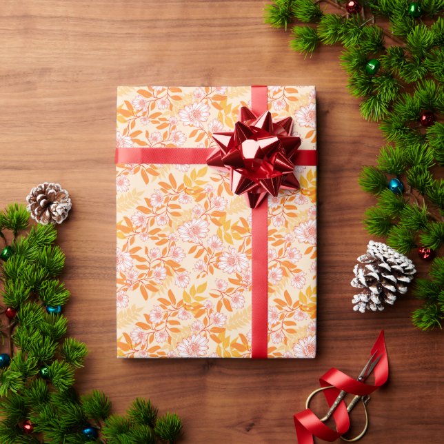 Papel De Presente Lindo patrón floral con hojas naranja (Presente de Natal)