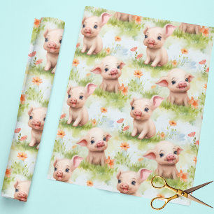 Papel De Presente Lindo Pequeno Porco Grama Flor Padrão Aquarela