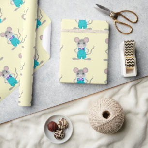 Papel De Presente Lindo Ratinho Pintado à Mão com Macacão