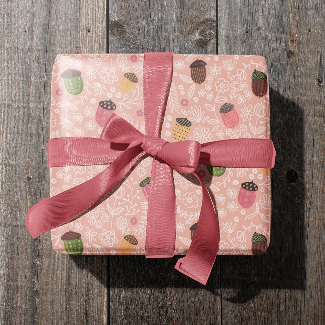 Papel De Presente Lindo Rosa Outonal Do Outono Carvalho (Cute Fall Pink Autumn Acorn Wrapping Paper)