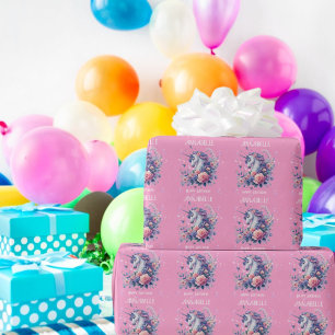 Papel De Presente Lindo Unicórnio Rosa Roxo Brilho Aniversário Menin