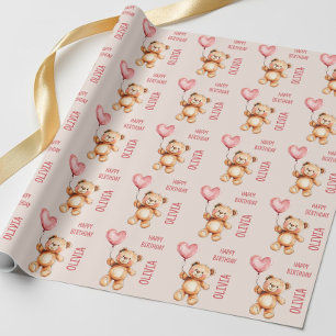 Papel De Presente Lindo Urso em Aquarela Nome de Crianças Rosa Feliz