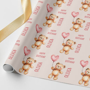 Papel De Presente Lindo Urso em Aquarela Nome de Crianças Rosa Feliz