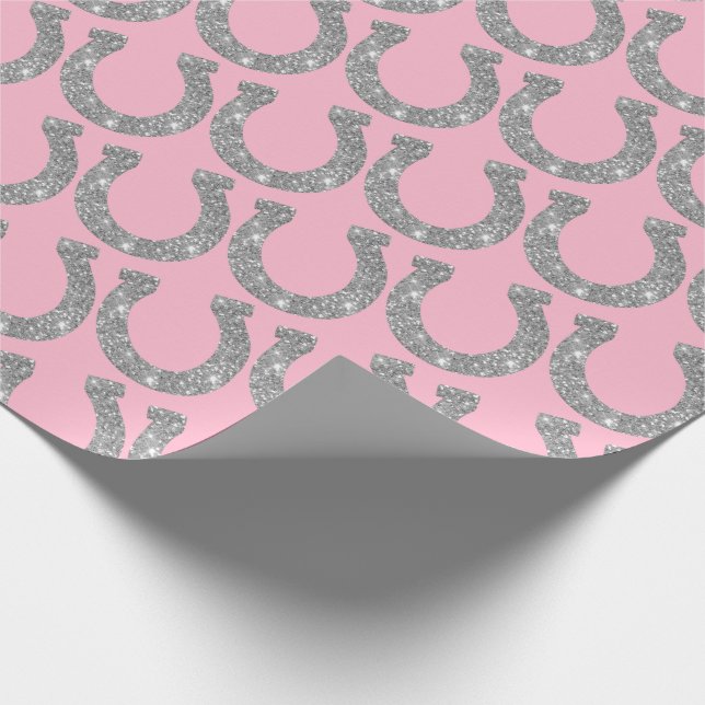 Papel De Presente Lindos Cavalos Ferradura Prata Brilho Rosa (Ponta)