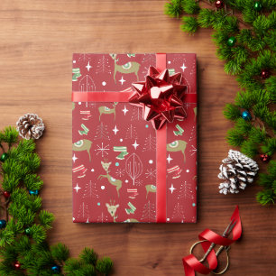 Papel De Presente Lindos cervos com árvores de Natal e flocos de nev