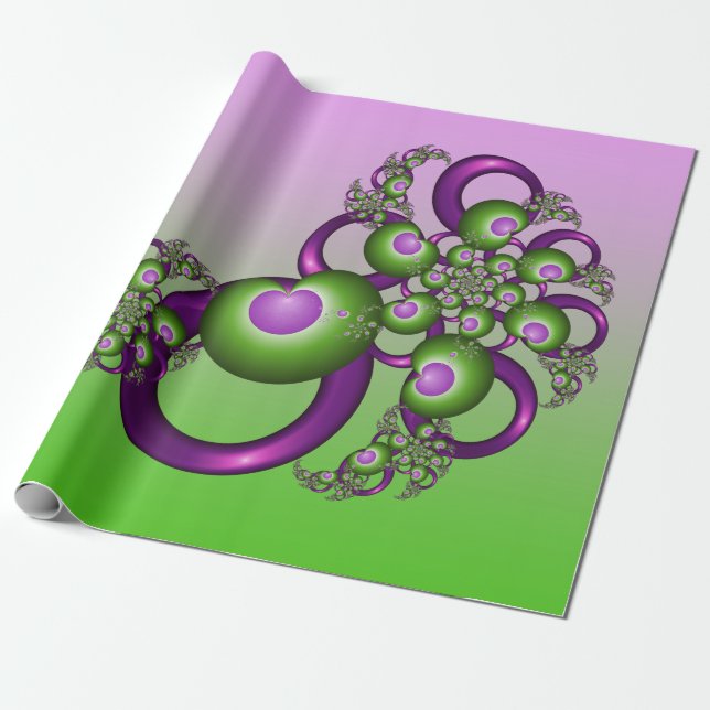 Papel De Presente Lindos Corações Verdes Rosa Modernos Fractais Abst (Desenrolado)