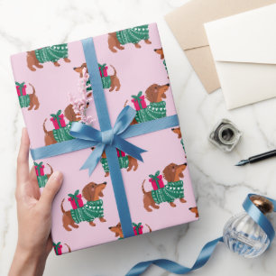 Papel De Presente Lindos Dachshund de Natal com Suéter Verde Rosa