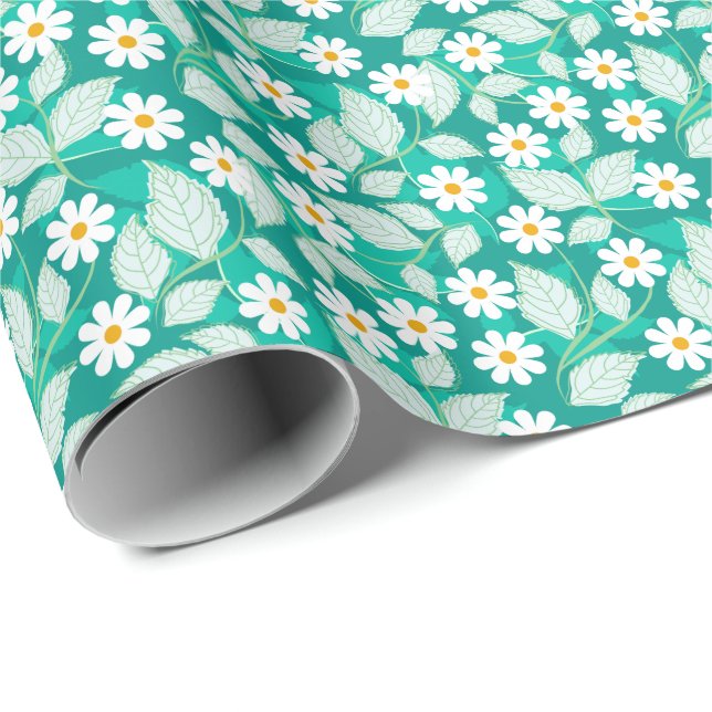 Papel De Presente Lindos diseño de flores blancas y hojas (Ponta do rolo)