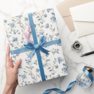 Papel De Presente Lindos Flores Azuis Creme Chuveiro de Noiva