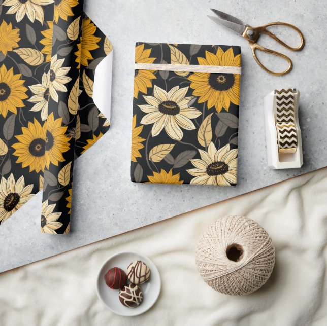 Papel De Presente Lindos Girassóis Amarelos Creme Preto (Artesanato)