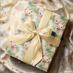 Papel De Presente Lindos Leitõezinhos Padrão de Botânicas em Aquarel