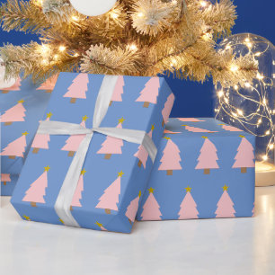Papel De Presente Linha de Árvore de Natal Rosa e Estrela de Ouro em