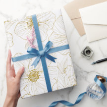 Linha de Flores Brancas Chic Dourado Padrão Floral