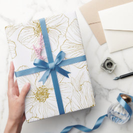 Papel De Presente Linha de Flores Brancas Chic Dourado Padrão Floral