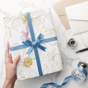 Papel De Presente Linha de Flores Brancas Chic Dourado Padrão Floral