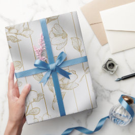 Papel De Presente Linha de Flores Brancas Chic Dourado Padrão Floral