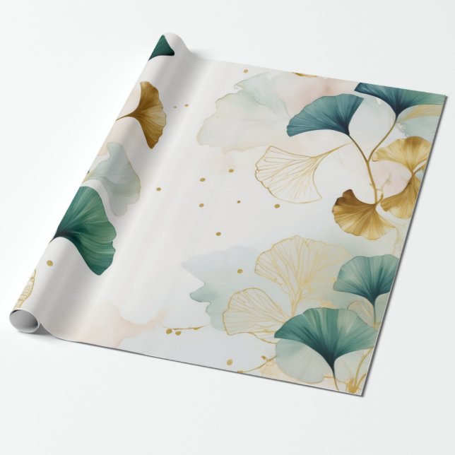 Papel De Presente Linha Dourada Ginko luxuriosa (Desenrolado)