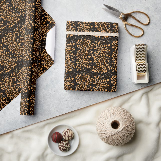 Papel De Presente Linha Jardim à Meia-Noite Dourado Âmbar (Artesanato)