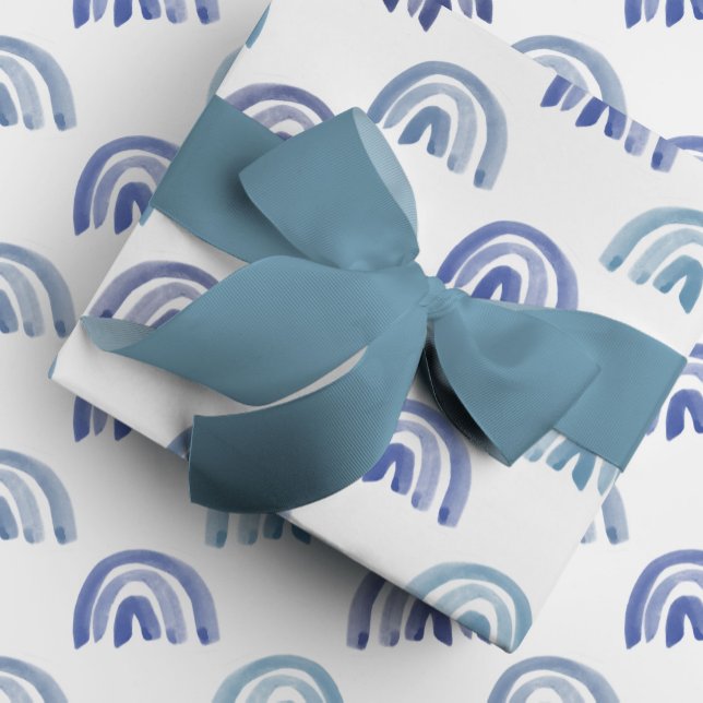 Papel De Presente Linhas arco-íris de aquarelas em azul (Blue watercolor rainbows gift wrapping paper.)