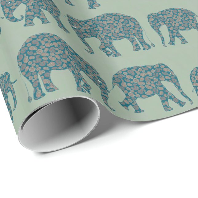 Papel De Presente Linhas de Elefantes Paisley em Sage Green Giftwrap (Ponta do rolo)