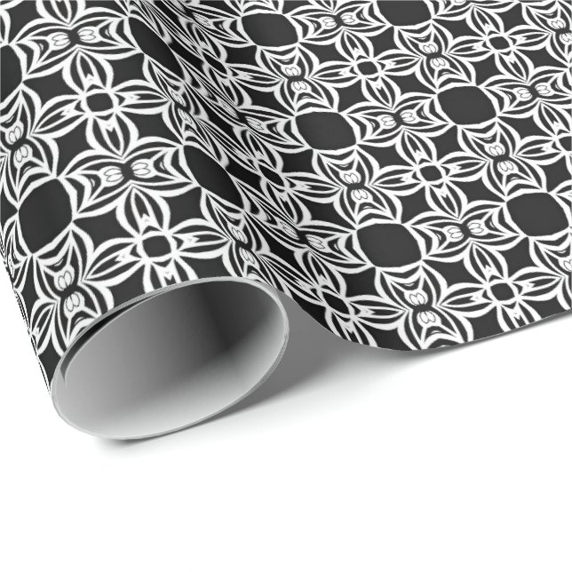 Papel De Presente Linhas de Mandala Pretas e Brancas Padrão 6 (Ponta do rolo)