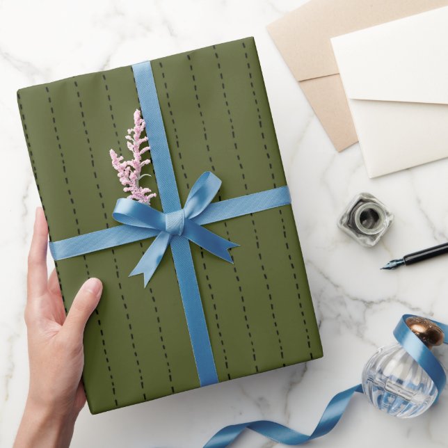 Papel De Presente Linhas Tracejadas em Verde Oliva Escuro (Presentear)