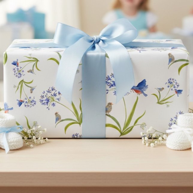 Papel De Presente Lírio Africano com Mãe e Filhote de Pássaro Azul (Criador carregado)