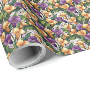Papel De Presente Lírio de Cala Floral Roxo e Dourado