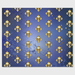 Papel De Presente Lís Floral Dourada sobre Azul