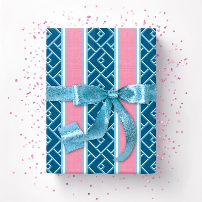 Papel De Presente Listra Chippendale em Rosa e Azul Água Profunda (Criador carregado)
